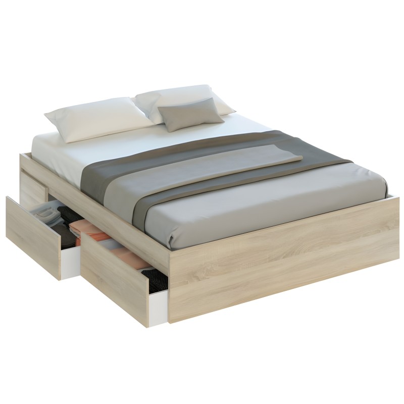 Cama con estructura de madera clara y cajones de almacenamiento integrados en la base con ropa de cama gris y blanca