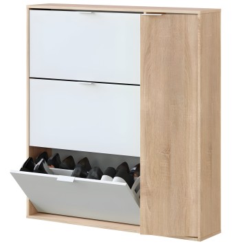 Zapatero de madera natural con frentes blancos y tres compartimentos abatibles con zapatos negros organizados