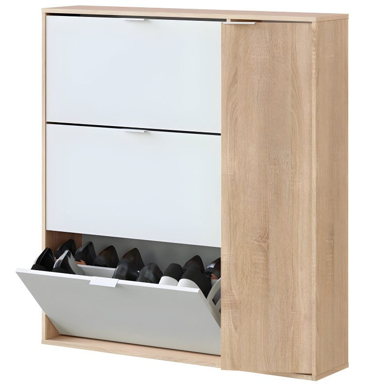 Zapatero de madera natural con frentes blancos y tres compartimentos abatibles con zapatos negros organizados