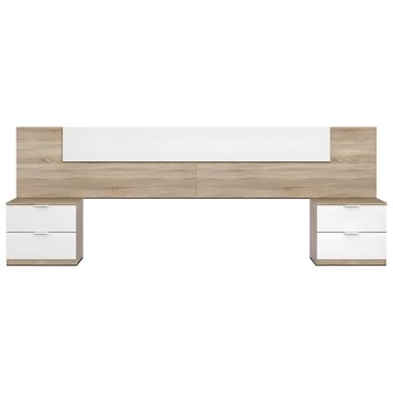 Cabecero de cama matrimonial en madera natural y blanco con mesitas laterales incorporadas y almacenaje