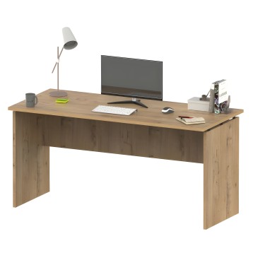 Escritorio de madera clara con tablero superior y panel frontal oscuro. Ambiente de trabajo completo con monitor y accesorios
