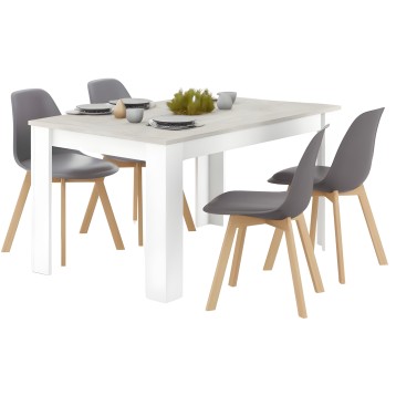 Conjunto de comedor con mesa blanca y tablero beige acompañada de cuatro sillas grises con patas de madera natural
