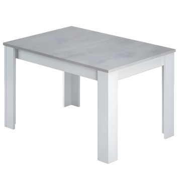 Mesa de comedor rectangular con tablero gris y estructura blanca de patas macizas