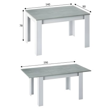 Mesa de comedor rectangular con tapa gris y patas blancas y extensible