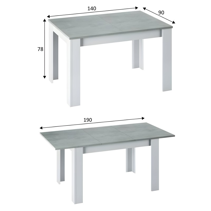 Mesa de comedor rectangular con tapa gris y patas blancas y extensible