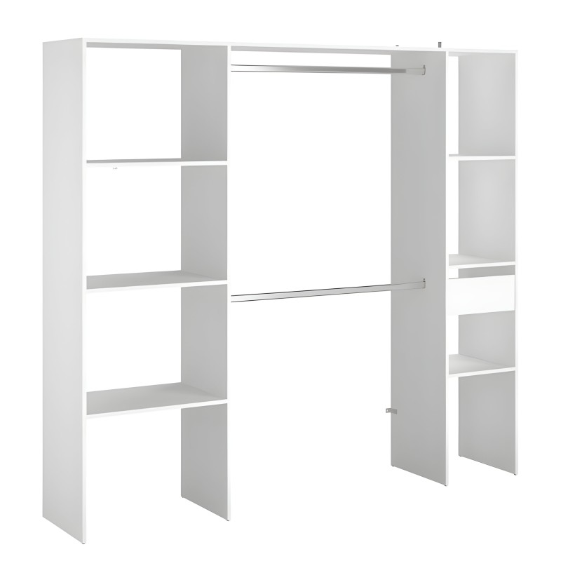 Armario empotrable blanco con estantes abiertos y barras de colgar en estructura modular
