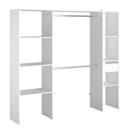 Armario empotrable blanco con estantes abiertos y barras de colgar en estructura modular