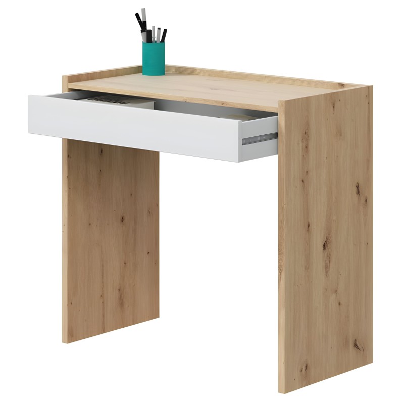 Escritorio pequeño en madera natural con cajón blanco y tablero superior en tonos claros estilo nórdico
