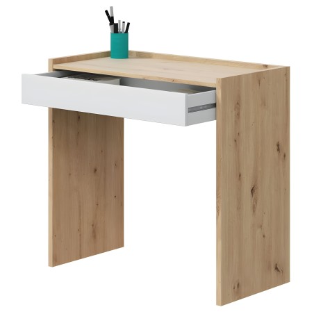 Escritorio pequeño en madera natural con cajón blanco y tablero superior en tonos claros estilo nórdico