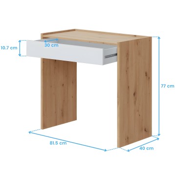 Escritorio de madera natural con cajón blanco deslizante y tablero superior beige