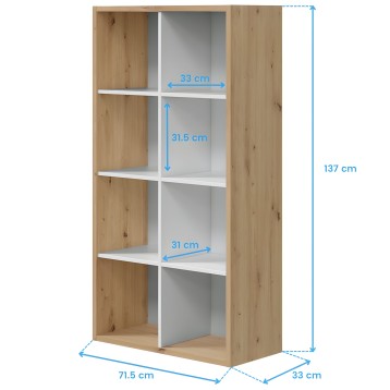 Estantería abierta de madera natural y blanco con seis compartimentos y estantes blancos