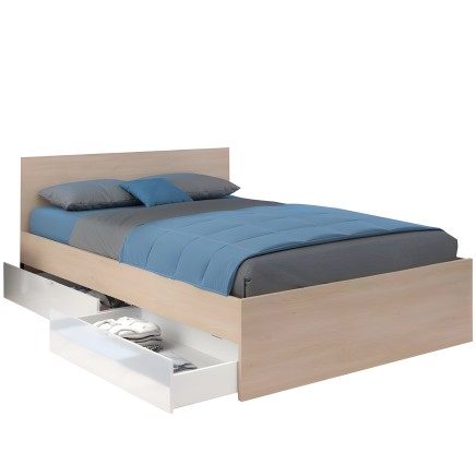 Cama con base de madera clara y cabecero tapizado beige con cajones de almacenamiento blancos y ropa de cama azul