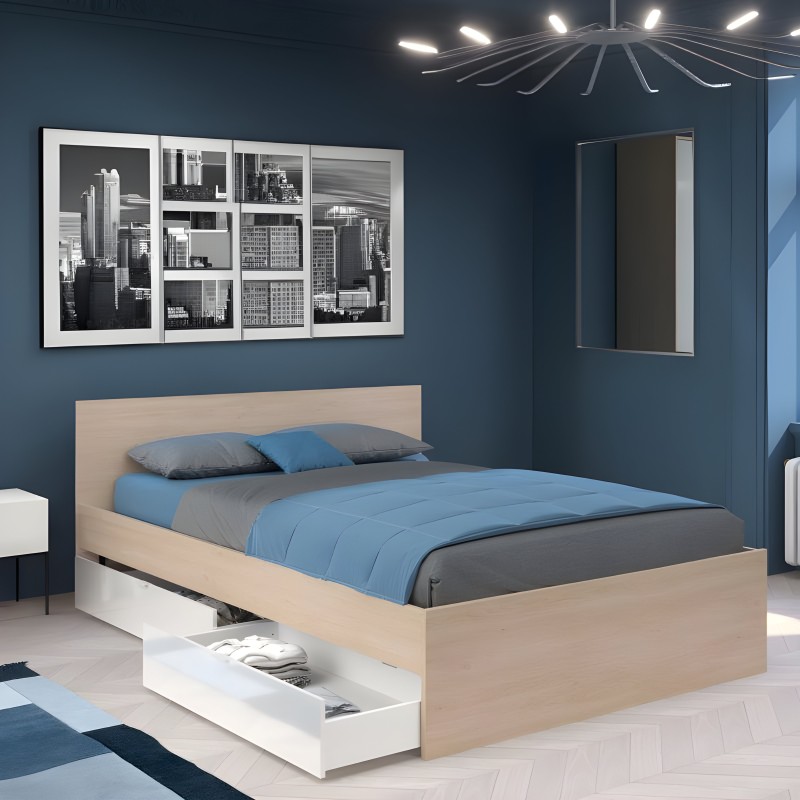 Cama de madera clara con cajones de almacenamiento blanco y cabecero tapizado beige en ambiente dormitorio azul