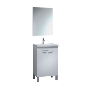 Conjunto mueble de baño blanco con lavamanos y espejo rectangular