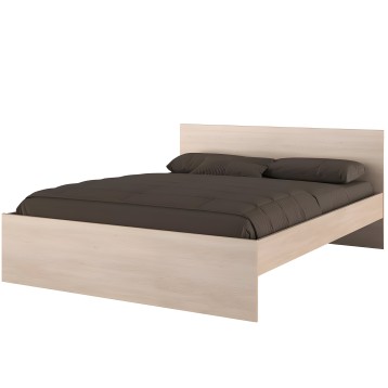 Cama de madera clara con cabecero y ropa de cama gris oscuro vista frontal