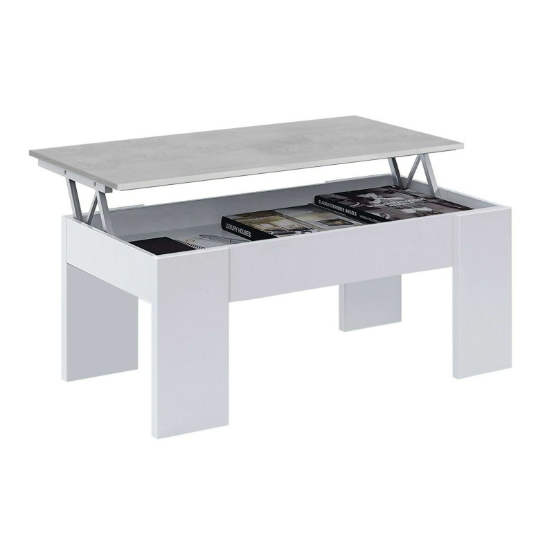 Mesa de centro abatible blanca con tapa gris hormigón y interior de almacenamiento abierto