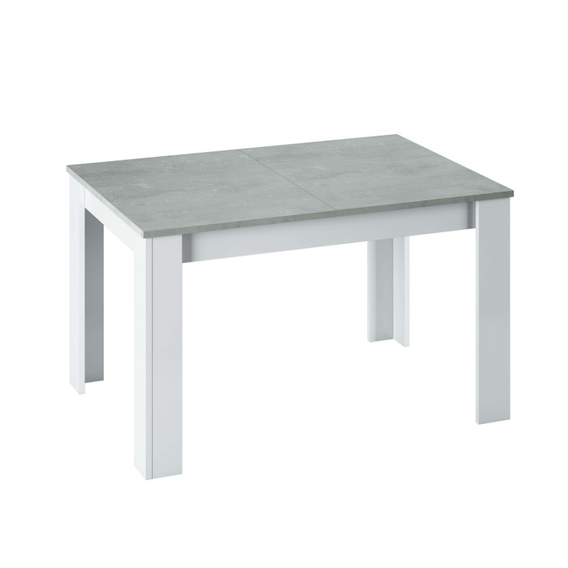 Mesa de comedor extensible con tablero gris cemento y estructura blanca de frente