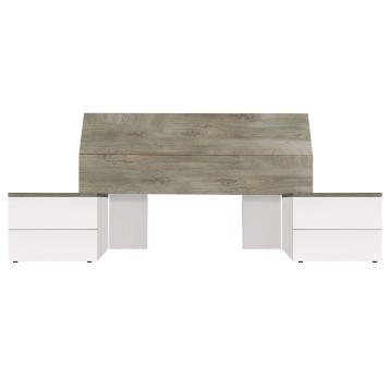 Cama matrimonial con cabecero tablero en madera gris y estructura blanca con cajoneras laterales vista frontal