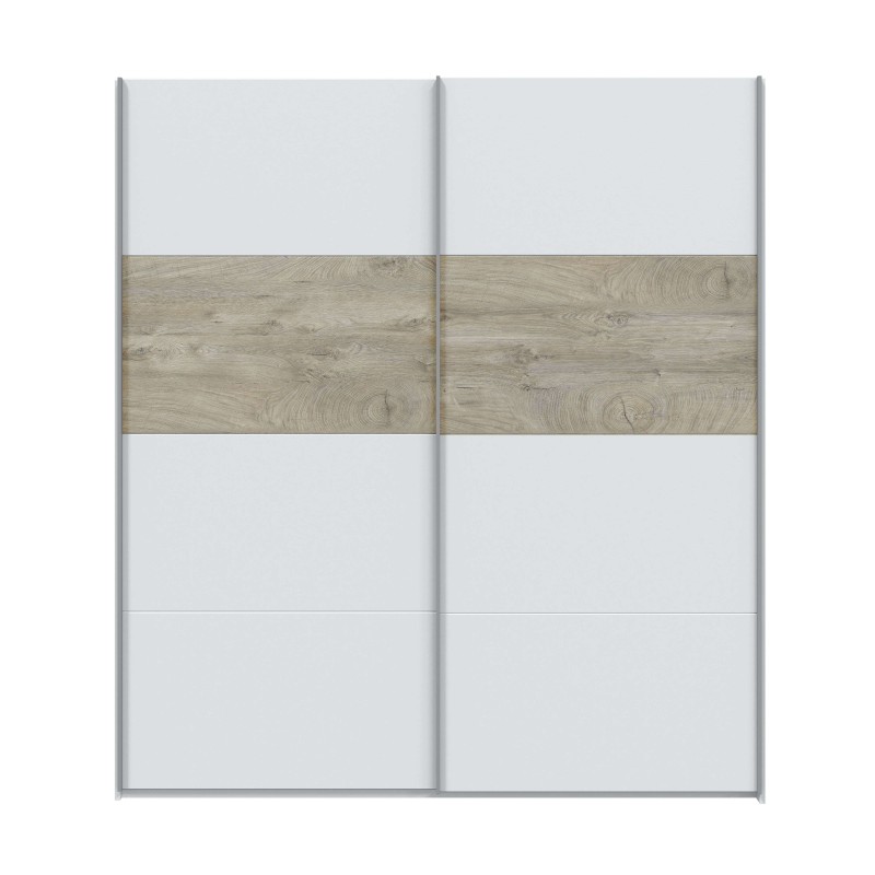 Armario de dos puertas correderas con paneles blancos y franja central en madera natural