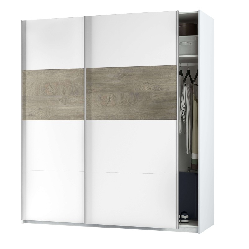 Armario de puertas correderas blanco y madera con interior abierto mostrando estantes y perchero