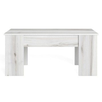Mesa de salón rectangular en madera blanca con cajón central y patas laterales de sección cuadrada