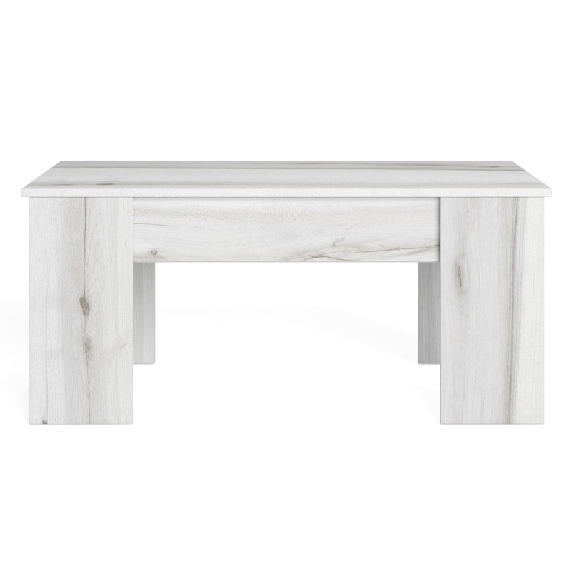 Mesa de salón rectangular en madera blanca con cajón central y patas laterales de sección cuadrada