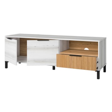 Mueble tv gris con cajones blancos y madera natural y puertas con rayas verticales y patas negras
