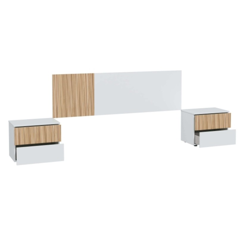 Cama blanca y madera con cabecero tapizado y dos mesitas de noche integradas de madera clara y blanco
