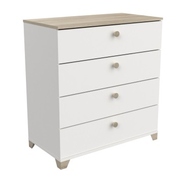 Cómoda blanca con cuatro cajones y tablero superior en madera natural con tiradores de madera