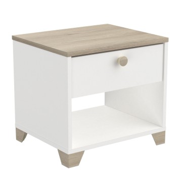 Mesita de noche blanca con tablero en madera clara y estante abierto inferior y tirador redondo