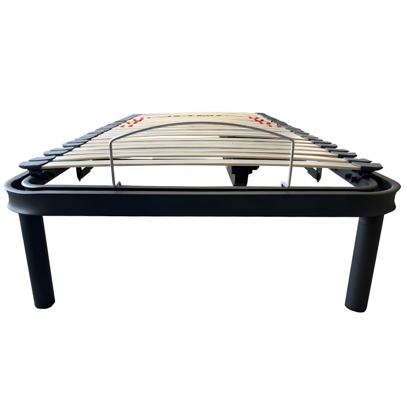 Base de cama con estructura negra y láminas de madera curva con baranda metálica vista frontal