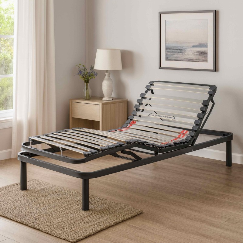 Base cama articulada eléctrica con estructura negra y láminas ajustables en ambiente dormitorio