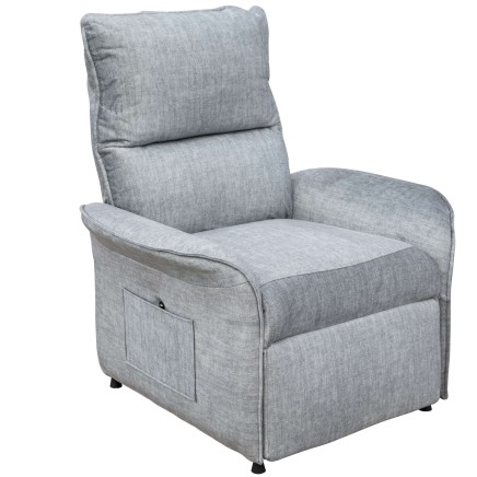 Sillón relax tapizado en gris claro con respaldo reclinable y bolsillo de almacenamiento lateral