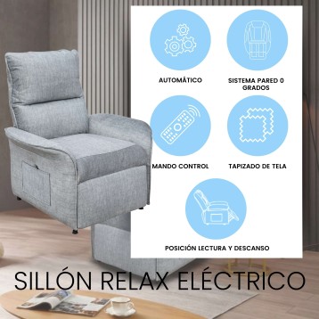 Sillón relax eléctrico tapizado en tela gris claro con respaldo y reposapiés ajustables y mando control