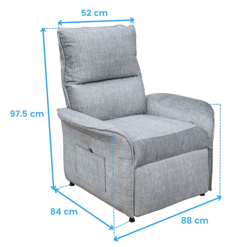 Sillón relax tapizado en gris claro con respaldo reclinable y bolsillo lateral lateral frontal