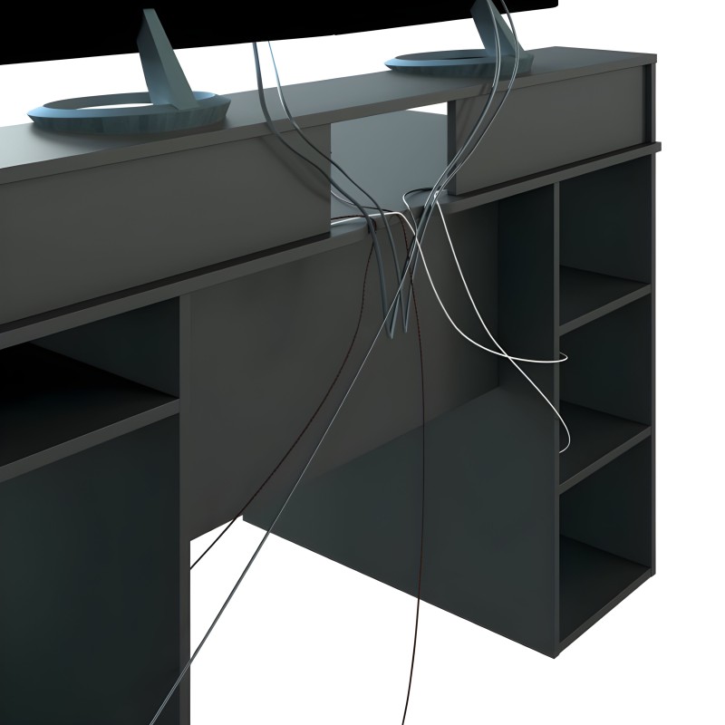 Escritorio gris antracita con estantes abiertos y gestión de cables integrada vista en ángulo