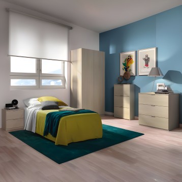 Dormitorio completo en madera clara con cama individual y ropa de cama amarilla y azul turquesa en ambiente moderno
