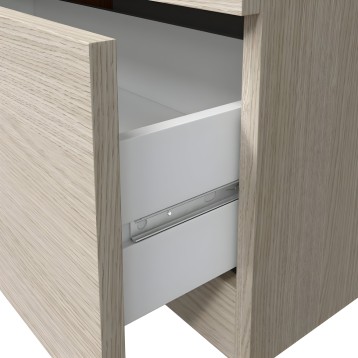 Cajonera de madera clara con cajones blancos y guías metálicas vista frontal en ángulo
