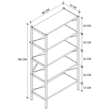 Estantería metálica con estructura de acero y seis estantes horizontales con refuerzos diagonales en vista isométrica técnica