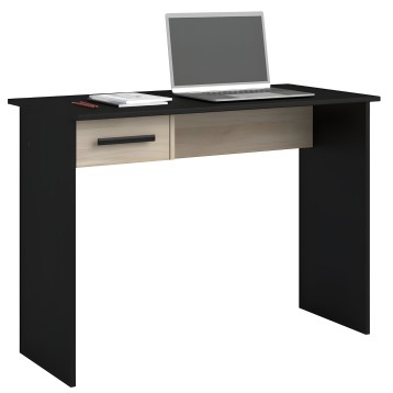 Escritorio negro con tapa y patas negras y dos cajones en madera clara con tirador metálico negro y laptop