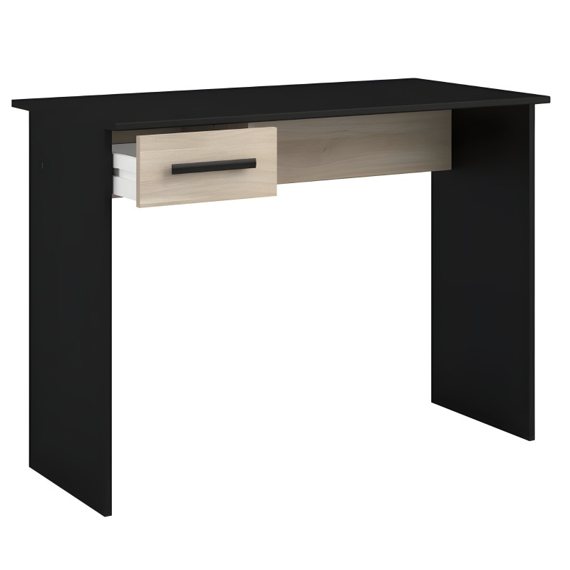 Escritorio negro con cajón de madera clara y tirador metálico