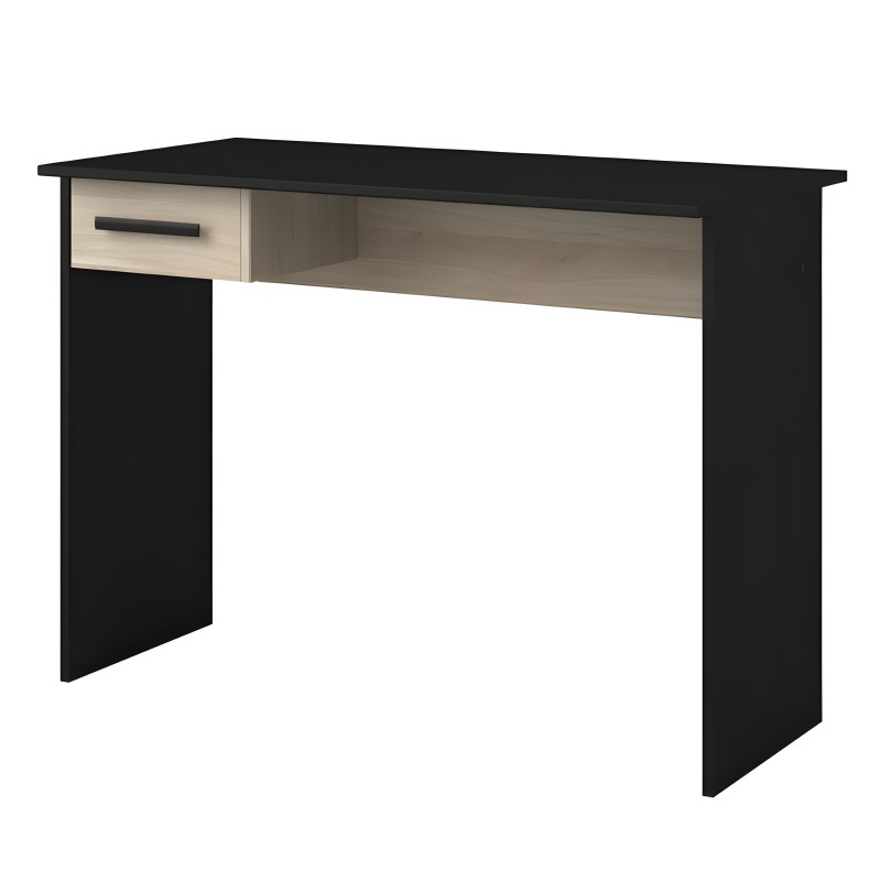 Escritorio negro con estructura de madera y cajón superior en tono natural