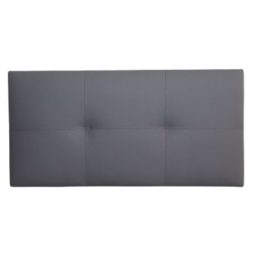 Cabecero tapizado en gris con paneles acolchados y costuras decorativas vista frontal