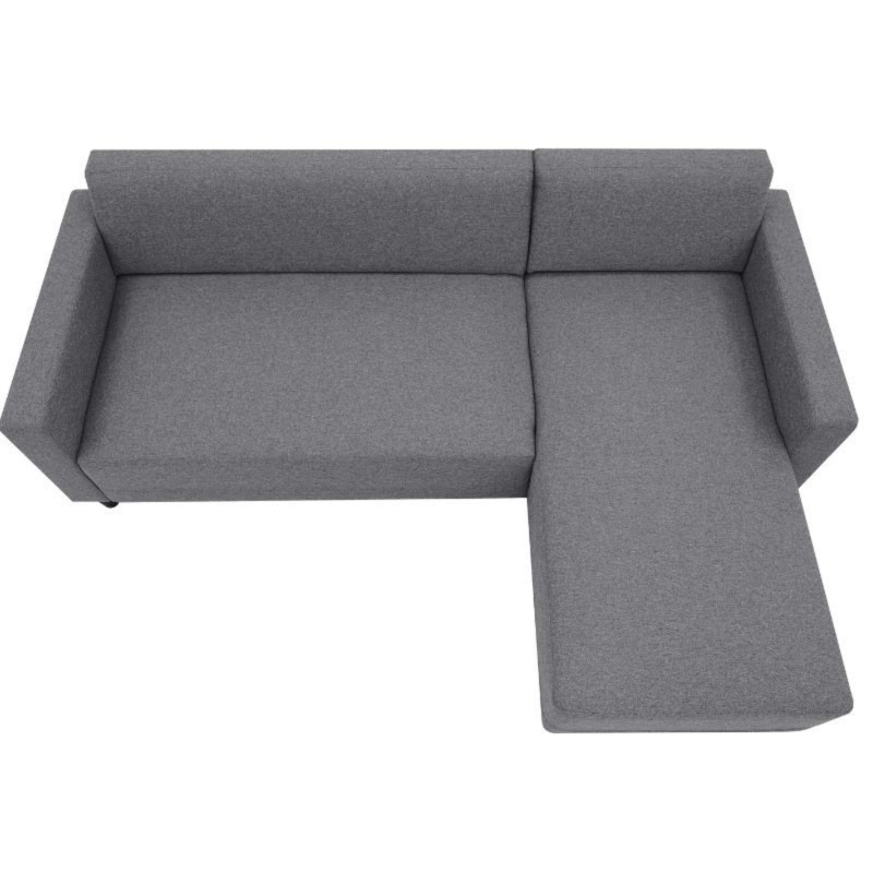 Sofá esquinero en tela gris con respaldo acolchado y chaise longue vista superior