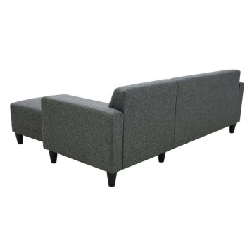 Sofá esquinero gris oscuro en tela con chaise longue y patas negras visto desde atrás