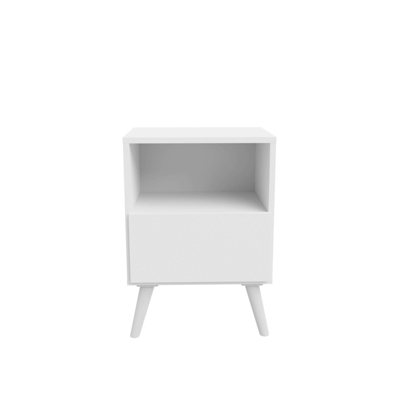 Mesita blanca con tres estantes y patas de madera decorada con florero y libros