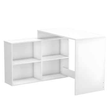 Escritorio esquinero blanco con estantería integrada y compartimentos abiertos vista en perspectiva