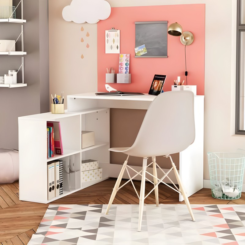 Escritorio blanco con almacenamiento y silla blanca de diseño moderno en ambiente de estudio infantil