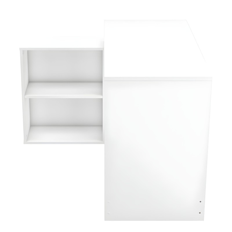 Estantería blanca modular con dos compartimentos abiertos y armario cerrado en configuración L vista frontal