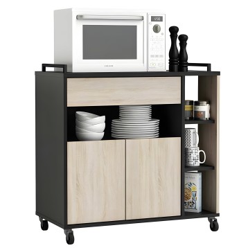 Mueble auxiliar cocina negro y madera con ruedas y estantes abiertos para almacenaje y microondas